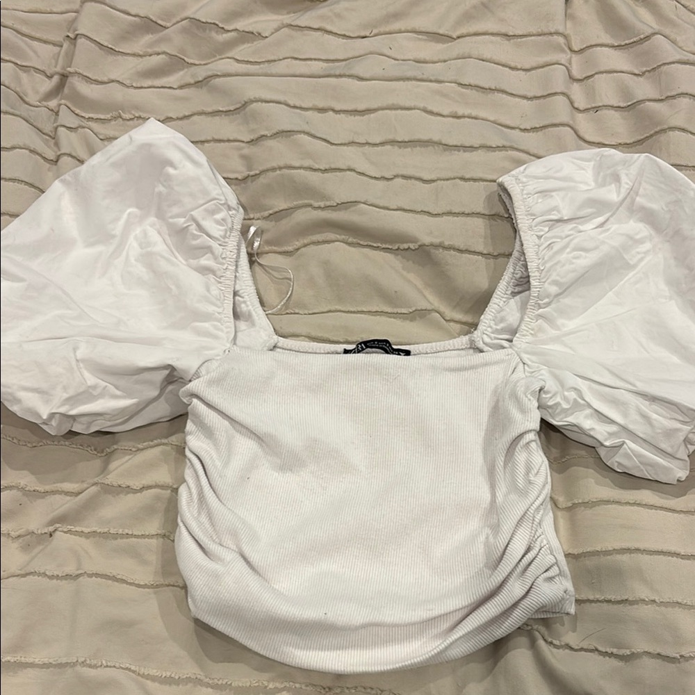 Zara White Puff Sleeve Ruched Blouse